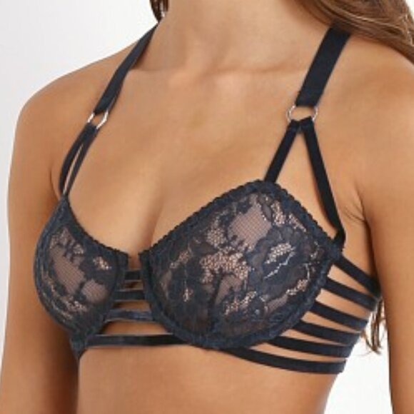 Lonely Lulu Strappy Lace and Velvet Bra in Navy - Picture 1 of 3